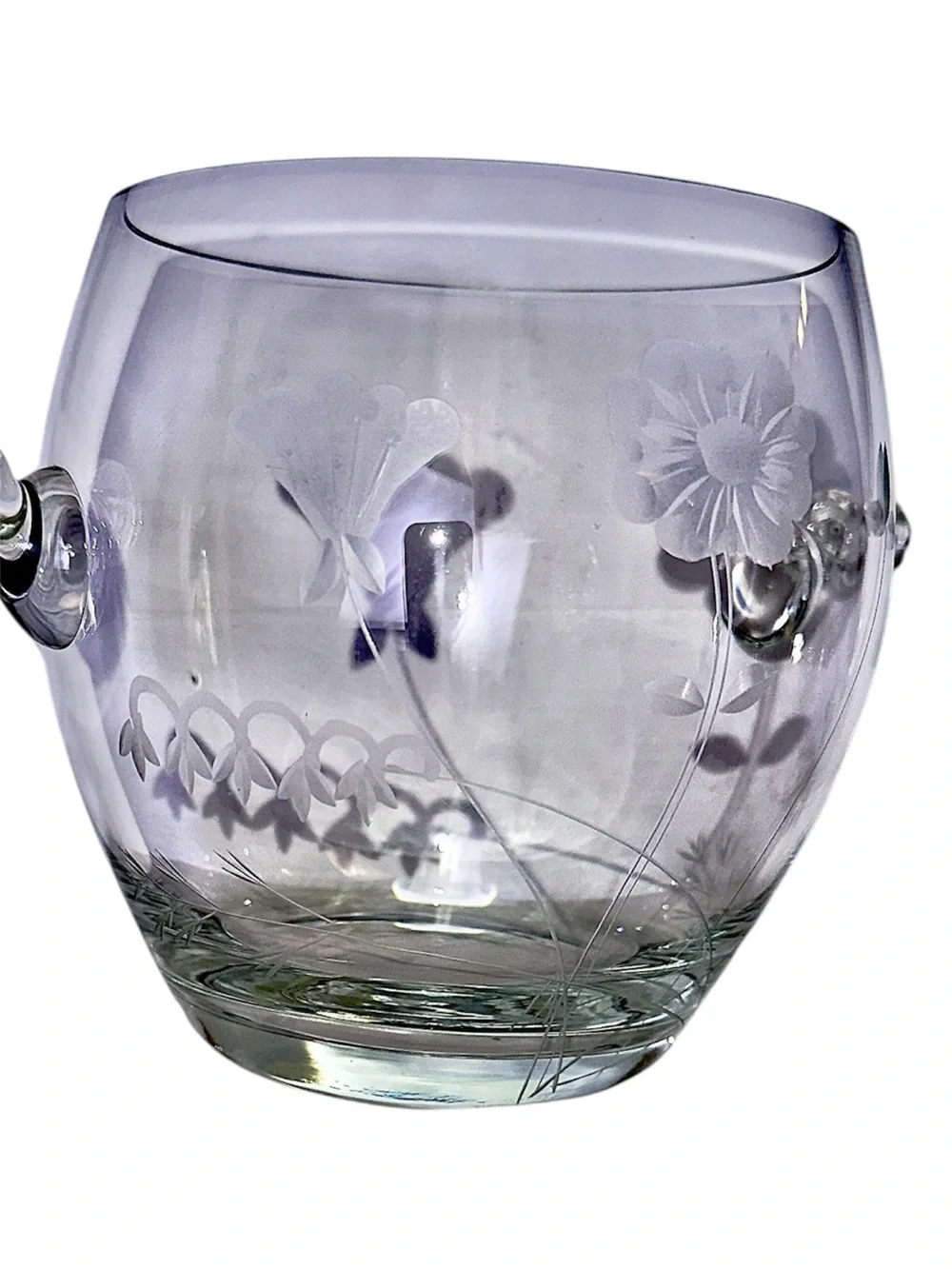 Vintage Hand Blown Etched Floral Art Glass Ice Bucket Wine Bottle Holder Handles